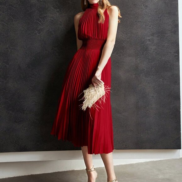 Red Party Women's Shirred Waist Halter Neck Pleated Long Dress - Picture 4 of 7